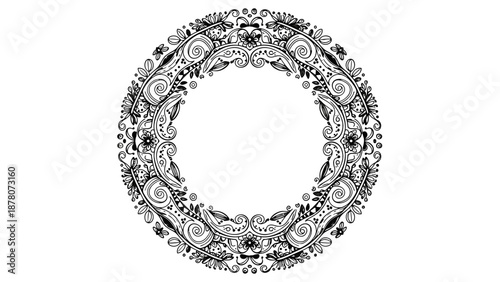 Intricate black and white ornate circular frame with floral patterns.