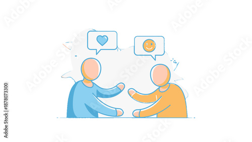 Simple illustration of two people communicating and shaking hands.