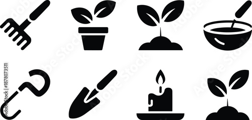 Cartoon gardening and nature icon set with tools, sprouts, potted plants, candle, and silhouette symbols for outdoor themes.