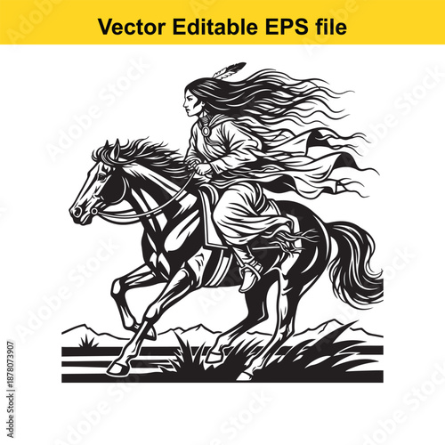 a woman with long, flowing hair riding a galloping horse, positioned centrally and angled to the left