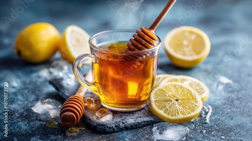 Refreshing Honey Lemon Tea in a Glass Cup with Cozy Steam and Fresh Lemons on a Rustic Surface