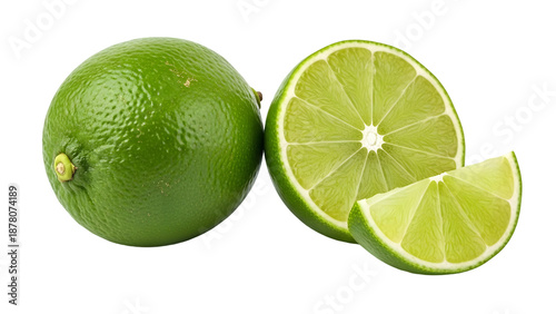 A closeup view of a whole green lime with one half sliced open showing the juicy interior and segments on a black background