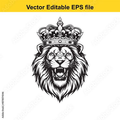 a majestic lion's head with a regal crown on top, set against a clean white background. The lion's head should be rendered in a bold, black line art style with intricate details,