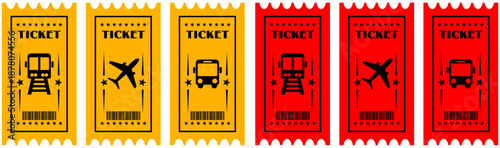 Vintage ticket for bus, plane, ship and train icon set. Travel tickets for transport. Vector illustration.