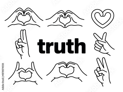 A black and white illustration of various hand gestures and the word truth in the center.