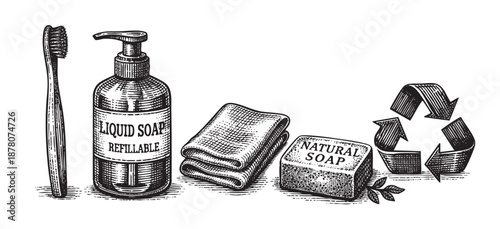 Black and white engraving illustration showcases a zero waste lifestyle with liquid soap, natural soap, toothbrush, cloth, and a recycle symbol.