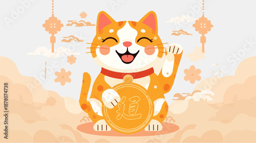 Vector illustration of a Chinese lucky cat with a flat design, featuring a vibrant orange tabby cat with bright white patches, a distinctive pink nose