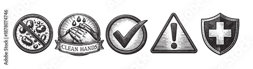 Black and white sanitation and hygiene icons illustrating hand washing, health protection, and warning, ideal for awareness campaigns.