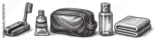 Monochrome vintage illustration features a toiletry bag, toothbrush, toothpaste, bottle, and towel, evoking a sense of classic travel and personal care.