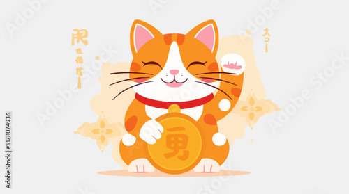 Vector illustration of a Chinese lucky cat with a flat design, featuring a vibrant orange tabby cat with bright white patches, a distinctive pink nose
