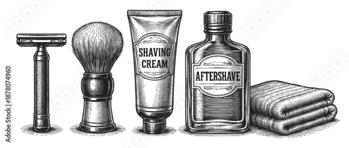 Black and white illustration featuring vintage shaving items: razor, brush, shaving cream, aftershave, and towels, perfect for a grooming or classic design concept.