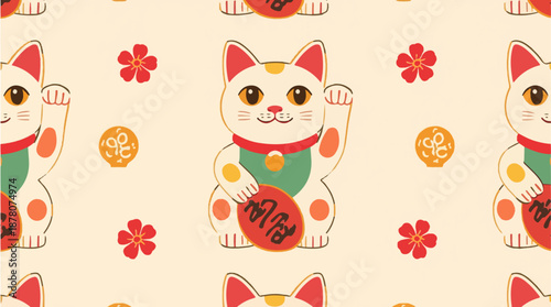  template of a Chinese lucky cat pattern with a flat design, featuring a stylized Maneki-Neko with vibrant colors, bold lines, and a two-dimensional