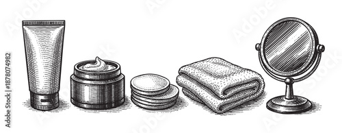 Black and white engraving style shows skincare products including cream, lotion, towels, and a mirror perfect for beauty, wellness, and self-care routines.