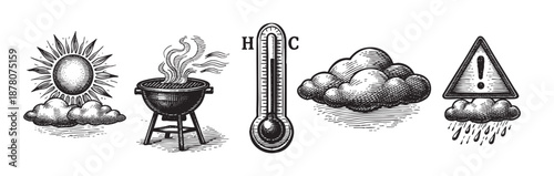 Engraved illustration of weather elements including sun, bbq grill, thermometer, cloud, and rain cloud, perfect for climate or meteorology themed designs.