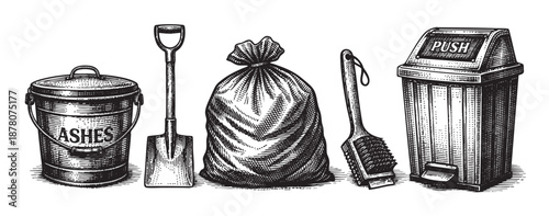 Engraved-style illustration of trash collection tools, including an ash bucket, shovel, trash bag, brush, and trash can, all neatly arranged on a white background.