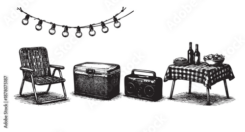 Detailed black and white illustration of a picnic scene featuring a chair, cooler, radio, and table laden with food and drinks under festive string lights.