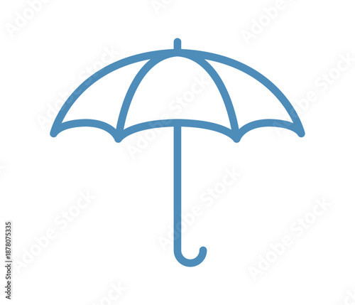 Simple open umbrella icon with curved handle, parasol for rain protection, rainy weather symbol, minimal contoured isolated on white background flat vector illustration.