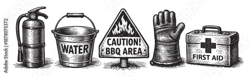 Black and white engraving style illustration showing barbecue area safety equipment like a fire extinguisher, water bucket, caution sign, glove, and first aid kit.