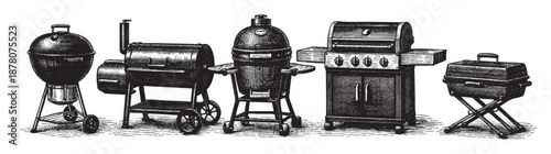 Black and white engraving style illustration featuring various types of barbecue grills on a white background, useful for cooking or grilling themes.