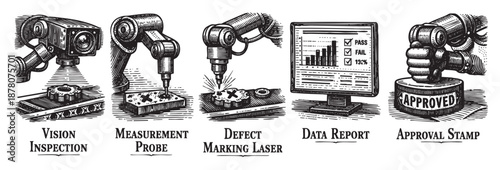 Black and white drawing depicting a modern manufacturing inspection process using automation, quality control, and data reporting leading to an approval stamp.