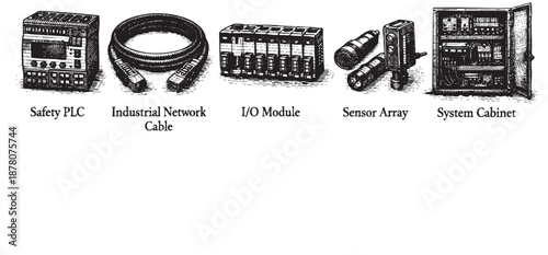 Illustration of industrial automation components like safety PLC, cable, I/O module, sensor array, and system cabinet. Used for industrial design, engineering diagrams and educational materials.