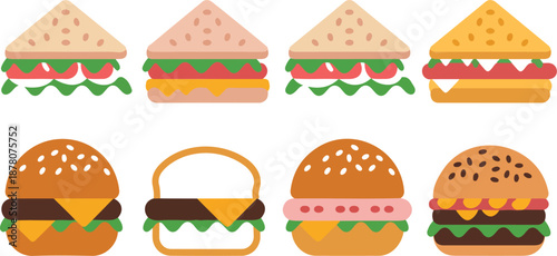 Fast Food Sandwich & Burger Vector Set  Cheeseburgers, Toast & Club Sandwiches