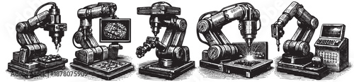 Group of robotic arms working in an automated assembly line, in a vintage engraving style with black and white colors ideal for illustrating manufacturing or technology concepts.