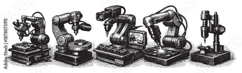 Five industrial robots work in a row in a black and white woodcut style illustration for concept about factory, automation, manufacture.