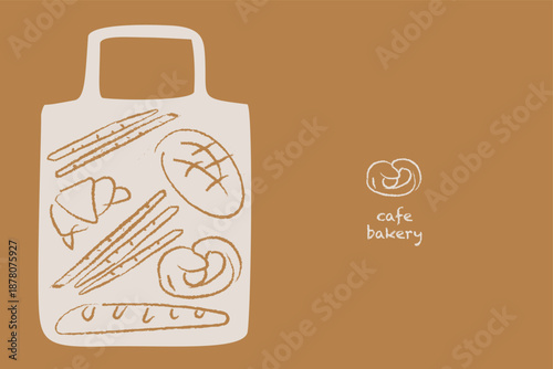 Bakery Cafe Illustration - Reusable Shopping Bag Design with Bread and Pastries. Charming minimalist illustration featuring a white reusable tote bag filled with hand-drawn bakery items 