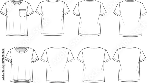Technical Flat Sketch Vector Set of Men's and Women's T-Shirts with Front and Back Views Pocket Detail and Crew Neckline