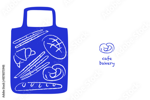 Bakery Cafe Illustration - Reusable Shopping Bag Design with Bread and Pastries. Charming minimalist illustration featuring a white reusable tote bag filled with hand-drawn bakery items 