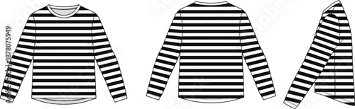 Women Henley Neck Short Sleeve Oversized T Shirt and Striped Long Sleeve Top Technical Fashion Illustration Vector Sketch Design Template