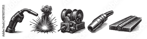 Black and white graphic illustration depicts welding equipment, sparks, smoke, and a finished weld bead on metal in a vintage style.