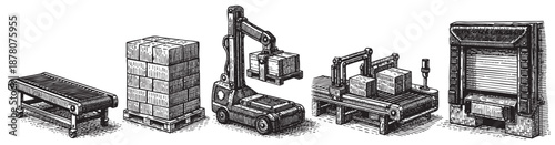 Etched style illustration of conveyor belts, a forklift, and warehouse doors conveying crates of goods for transport.