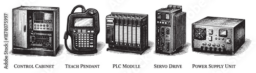 A black and white vintage illustration depicting industrial equipment, including a control cabinet, teach pendant, PLC module, servo drive, and power supply unit.