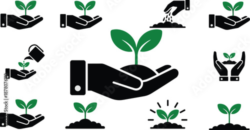 Plant care and growth icon set illustrating hand holding seedling, watering, planting, and nurturing concepts for sustainability, ecology, agriculture, and environmental design