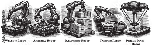 Black and white illustration depicts different industrial robots performing welding, assembly, palletizing, painting and pick-and-place tasks, ideal for manufacturing or engineering publications.