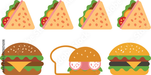 Fast Food Sandwich & Burger Vector Set  Cheeseburgers, Toast & Club Sandwiches