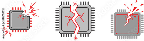 A broken microchip with sparks as a symbol of a hardware failure. The concept of an AI hallucination, a critical algorithm error, and processor failure.