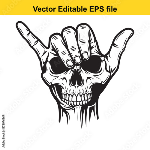 black and white illustration of a human skull formed into a 'rock on' or 'devil horns' hand gesture, set against a clean white background