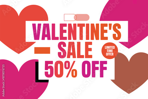 A colorful Valentine's Day sale advertisement with hearts and a limited time offer of 50% off