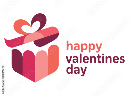 A colorful graphic design featuring a gift box with a heart-shaped ribbon and the words 'happy valentines day' on a white background.