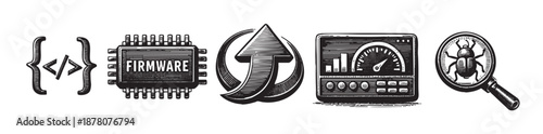 Conceptual illustration with black and white icons depicting software development, firmware, testing, performance metrics, and bug detection, suitable for software engineering contexts.