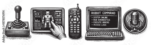 An illustrated robot control interface featuring a joystick, robot control screen, remote control, and microphone, all rendered in a detailed, monochrome style.