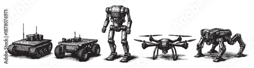 Line art features a collection of robots including tanks, wheeled rovers, humanoids, drones, and spider bots, perfect for science, technology, and AI applications.