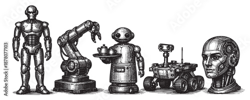 Diverse group of robots are depicted in vintage line art style, showcasing a full body, robotic arm, serving robot, rover, and head.