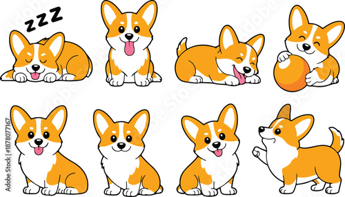 Cute Corgi Dog Vector Set  Playful Sleeping, Sitting & Smiling Poses