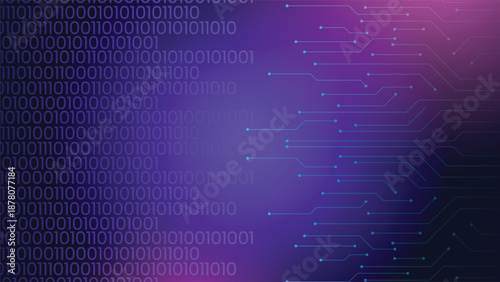 Futuristic abstract technology background with binary code pattern and digital circuit network lines on purple gradient ideal for data computing cyber and tech concepts