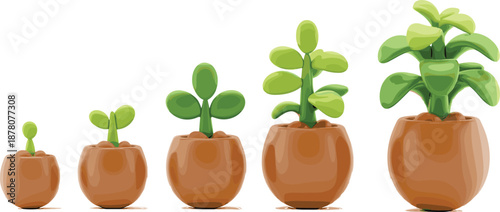 Potted plant growth stages illustration showing indoor houseplant development from small seedling to mature leafy plant, home gardening concept, botanical education design