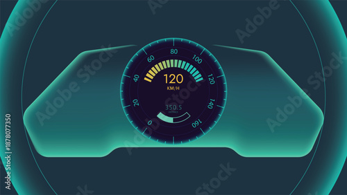 Modern futuristic driving background featuring a glowing car speedometer dashboard with digital gauge interface ideal for automotive technology performance analytics and UI design